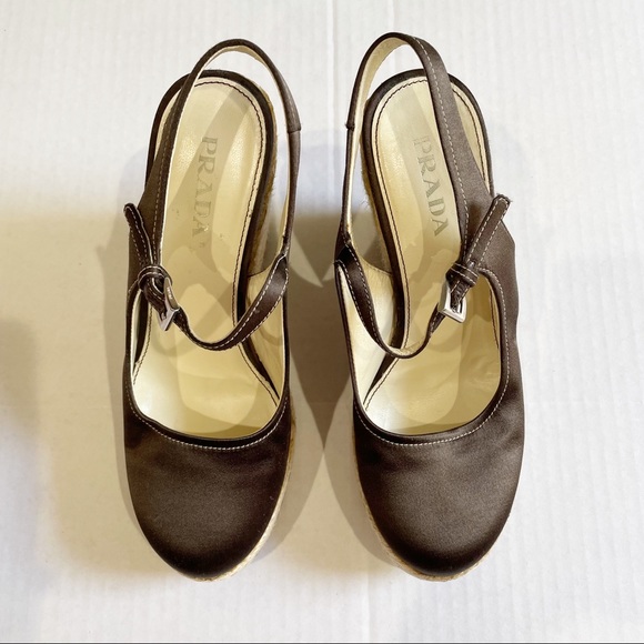Prada Brown Satin Espadrille Wedges 7 - Picture 2 of 10